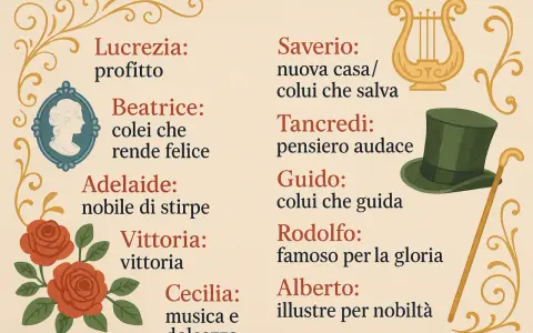 Nomi pugliesi antichi e i loro significati: Lucrezia, Beatrice, Adelaide, Vittoria, Saverio, Tancredi, Guido, Rodolfo, Alberto, Cecilia.