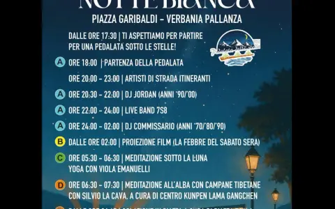 Programma Notte Bianca a Verbania: pedalata sotto le stelle, musica, film e meditazioni all'alba.