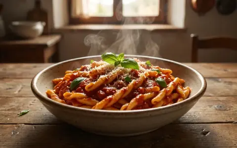 Un piatto fumante di pasta salentina, condita con sugo rosso e basilico fresco, su un tavolo di legno rustico.
