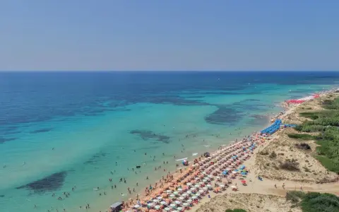 Spiaggia affollata con ombrelloni colorati e acque cristalline, le Maldive della Puglia dove si trovano per godersi il sole e il mare.