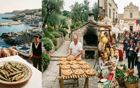 Scene di sagre pugliesi: un pescatore sorridente, pane con uova, salumi, formaggi e verdure fresche in un pittoresco borgo sul mare.
