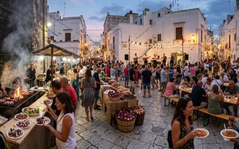 Festa in piazza con musica dal vivo e stand gastronomici, un'atmosfera vibrante che celebra gli eventi Salento.