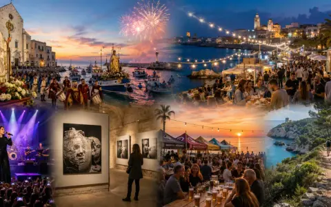 Un collage di immagini che cattura l'essenza delle sagre e feste in Puglia: processioni religiose, fuochi d'artificio sul mare, mercatini serali, concerti e gente che si gode la vita.