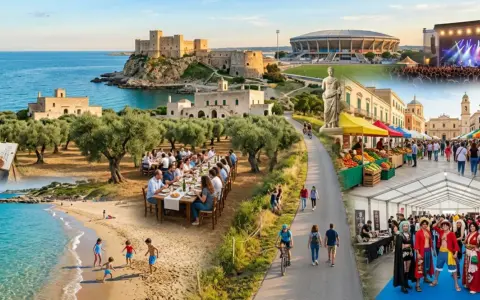 Un artista dipinge un castello sul mare, famiglie cenano all'aperto, bambini giocano in spiaggia, ciclisti passeggiano, mercati colorati e un festival di cosplay. Scopri che feste ci sono ad aprile!