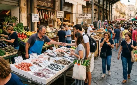 Un vivace mercato all'aperto nel Salento, con bancarelle piene di pesce fresco, verdura e pane. La gente fa acquisti e interagisce con i venditori.