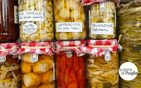 Vasi di **piatti tipici pugliesi** conservati: fave novelle, lampascioni, melanzane e altro. Sapori autentici in ogni barattolo.