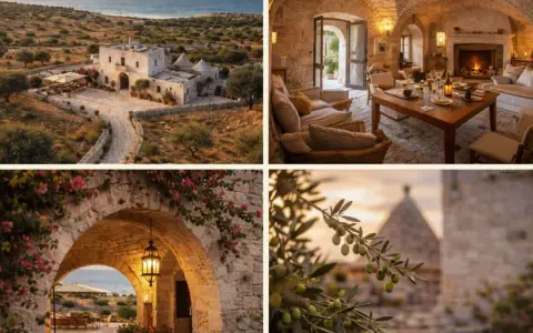 Collage of Salento, Italy: white masseria, cozy interior, stone archway with flowers, and olive branch.