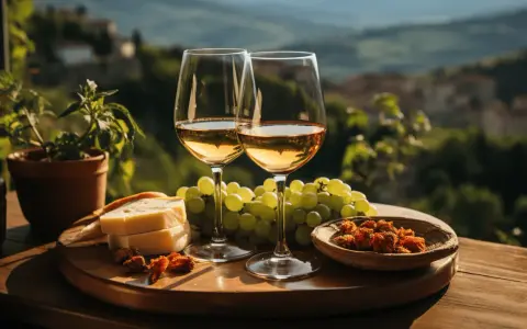 Calici di vino bianco, uva, formaggio e pomodori secchi su un tagliere, con sullo sfondo i vitigni della Puglia.