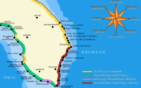 Mappa del Salento: da Torre Lapillo a Santa Maria di Leuca, passando per Gallipoli, Otranto e Castro. Marina di Pescoluse si trova sulla costa ionica, a sud di Torre Pali.
