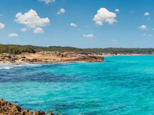 Acque cristalline e scogliere rocciose a Marina di Lecce, con una spiaggia sabbiosa e vegetazione mediterranea sullo sfondo sotto un cielo azzurro con nuvole bianche.