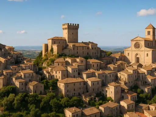 Un borgo arroccato con un castello e una chiesa, circondato da case in pietra e vegetazione. Un esempio di borghi insoliti Puglia.