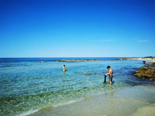 Spiaggia calette di Salve con gente che nuota e un cane che gioca nell'acqua cristallina sotto un cielo azzurro.
