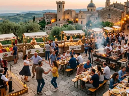 Festa in borgo medievale con musica, balli e bancarelle di prodotti tipici. Un'atmosfera che fa pensare a che feste ci sono a maggio.