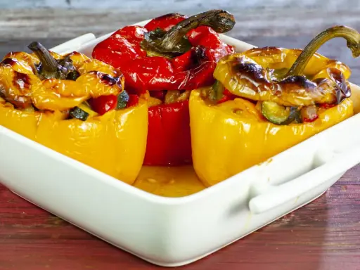 Peperoni ripieni di riso alla salentina, dorati e invitanti, in una teglia bianca su un tavolo di legno.