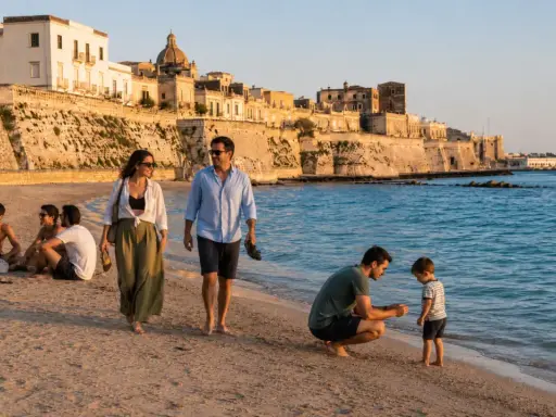 Famiglia passeggia sulla spiaggia di **Salento, Italia**, con un borgo storico sullo sfondo.