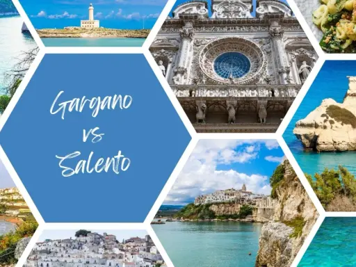 Collage di immagini che mostrano scorci mozzafiato della Puglia, tra cui spiagge, faro, architetture storiche e mare cristallino. Ideale per chi cerca dove andare in vacanza in Puglia.