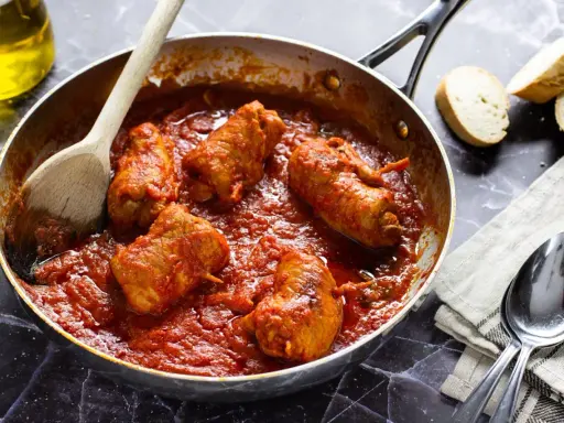 Braciola pugliese in padella con sugo rosso, pronte per essere gustate con pane fresco.