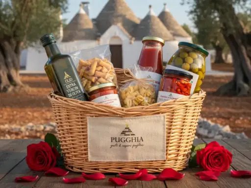 Cesto con prodotti tipici pugliesi: olio, pasta, sughi, olive e peperoncini, con rose rosse e trulli sullo sfondo.