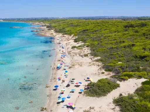 Un tratto di costa con acque cristalline e sabbia dorata, tra le spiagge più belle di Gallipoli. Ombrelloni colorati e bagnanti godono del sole.