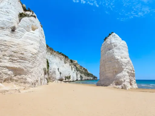 Spiagge sabbiose Puglia: scogliere bianche imponenti si affacciano su un mare azzurro e una distesa dorata.