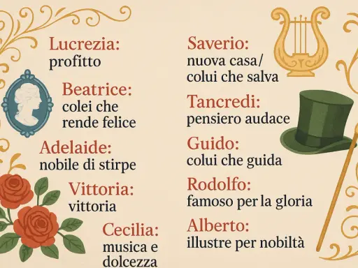 Nomi pugliesi antichi e i loro significati: Lucrezia, Beatrice, Adelaide, Vittoria, Saverio, Tancredi, Guido, Rodolfo, Alberto, Cecilia.