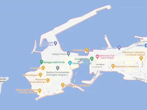 Mappa di Gallipoli Vecchia: vedi il Castello, la Spiaggia della Purità, la Fontana Greca e ristoranti tipici.