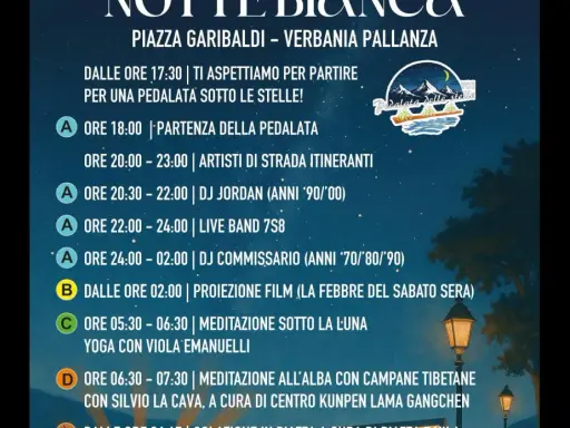 Programma Notte Bianca a Verbania: pedalata sotto le stelle, musica, film e meditazioni all'alba.