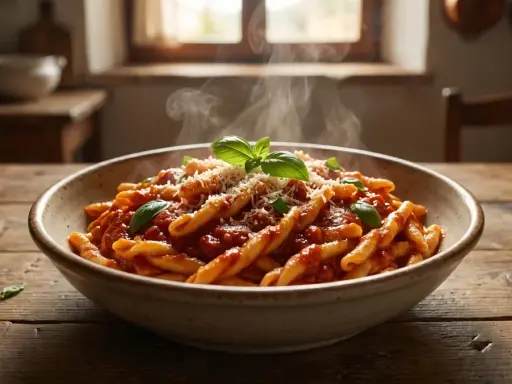 Un piatto fumante di pasta salentina, condita con sugo rosso e basilico fresco, su un tavolo di legno rustico.