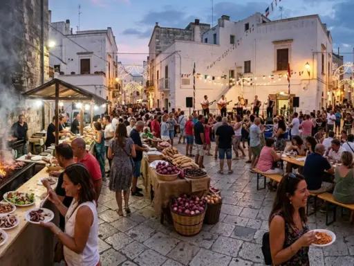 Festa in piazza con musica dal vivo e stand gastronomici, un'atmosfera vibrante che celebra gli eventi Salento.