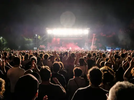 Folla entusiasta ai concerti Salento, luci sul palco e musica dal vivo.