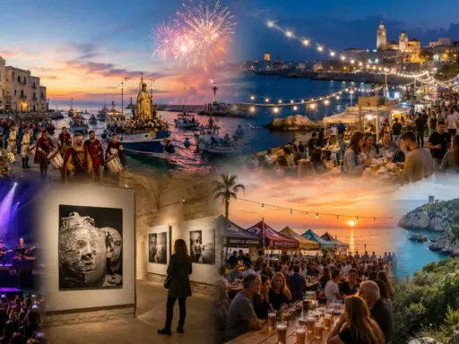 Un collage di immagini che cattura l'essenza delle sagre e feste in Puglia: processioni religiose, fuochi d'artificio sul mare, mercatini serali, concerti e gente che si gode la vita.