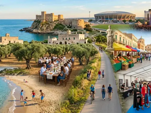 Un artista dipinge un castello sul mare, famiglie cenano all'aperto, bambini giocano in spiaggia, ciclisti passeggiano, mercati colorati e un festival di cosplay. Scopri che feste ci sono ad aprile!