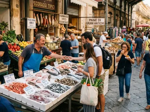 Un vivace mercato all'aperto nel Salento, con bancarelle piene di pesce fresco, verdura e pane. La gente fa acquisti e interagisce con i venditori.
