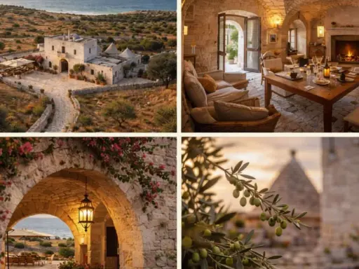 Collage of Salento, Italy: white masseria, cozy interior, stone archway with flowers, and olive branch.