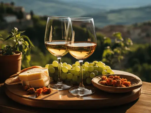Calici di vino bianco, uva, formaggio e pomodori secchi su un tagliere, con sullo sfondo i vitigni della Puglia.