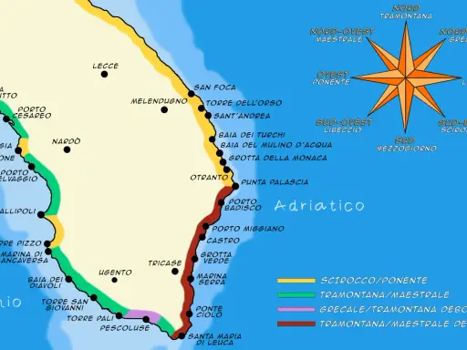 Mappa del Salento: da Torre Lapillo a Santa Maria di Leuca, passando per Gallipoli, Otranto e Castro. Marina di Pescoluse si trova sulla costa ionica, a sud di Torre Pali.