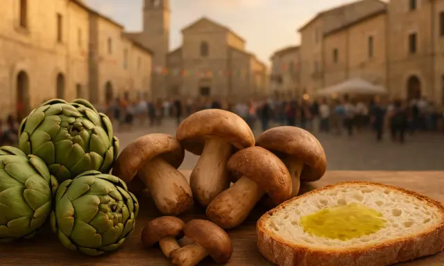 Carciofi, funghi e pane con olio d'oliva su un tavolo di legno, con una piazza di paese festosa sullo sfondo. Perfetto per le feste di novembre!