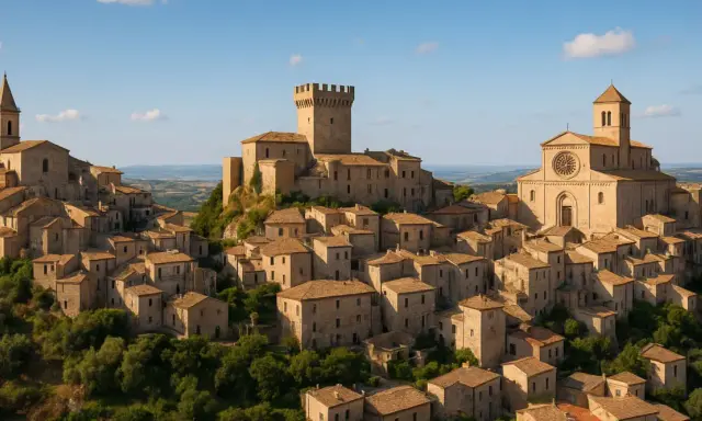 Un borgo arroccato con un castello e una chiesa, circondato da case in pietra e vegetazione. Un esempio di borghi insoliti Puglia.