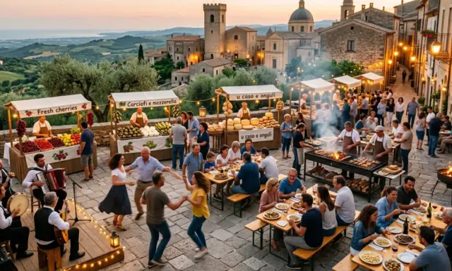 Festa in borgo medievale con musica, balli e bancarelle di prodotti tipici. Un'atmosfera che fa pensare a che feste ci sono a maggio.