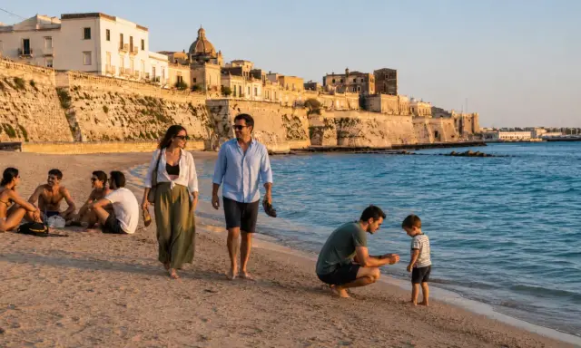 Famiglia passeggia sulla spiaggia di **Salento, Italia**, con un borgo storico sullo sfondo.