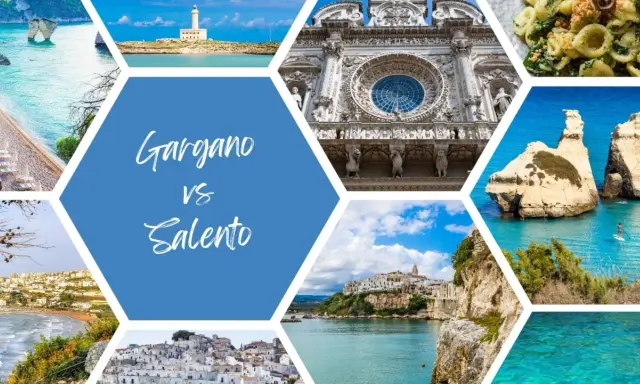 Collage di immagini che mostrano scorci mozzafiato della Puglia, tra cui spiagge, faro, architetture storiche e mare cristallino. Ideale per chi cerca dove andare in vacanza in Puglia.