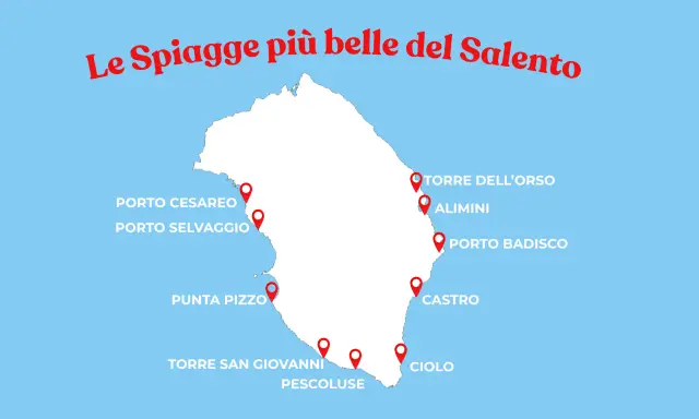 Mappa del Salento con pin che indicano le spiagge più belle, come Torre dell'Orso e Pescoluse, ideali per godersi la sabbia dorata.