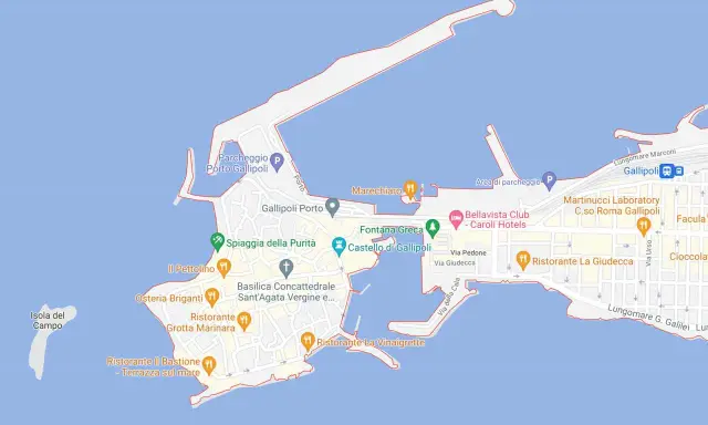 Mappa di Gallipoli Vecchia: vedi il Castello, la Spiaggia della Purità, la Fontana Greca e ristoranti tipici.