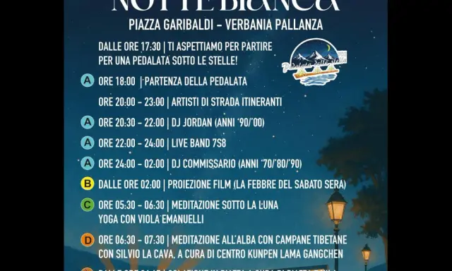 Programma Notte Bianca a Verbania: pedalata sotto le stelle, musica, film e meditazioni all'alba.