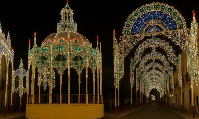 Un gazebo e archi luminosi creano un'atmosfera magica per una festa a diso.