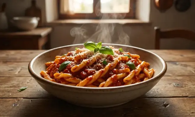 Un piatto fumante di pasta salentina, condita con sugo rosso e basilico fresco, su un tavolo di legno rustico.