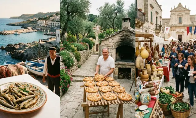 Scene di sagre pugliesi: un pescatore sorridente, pane con uova, salumi, formaggi e verdure fresche in un pittoresco borgo sul mare.