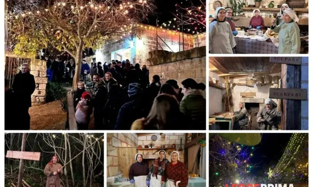 Scene del presepe vivente di San Donato di Lecce: persone in costume, bancarelle e luci natalizie creano un'atmosfera magica.