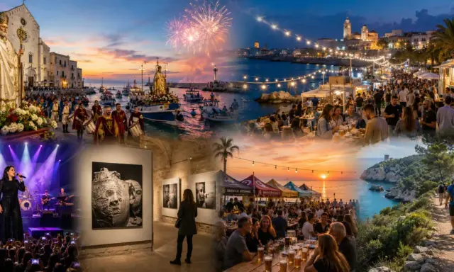 Un collage di immagini che cattura l'essenza delle sagre e feste in Puglia: processioni religiose, fuochi d'artificio sul mare, mercatini serali, concerti e gente che si gode la vita.