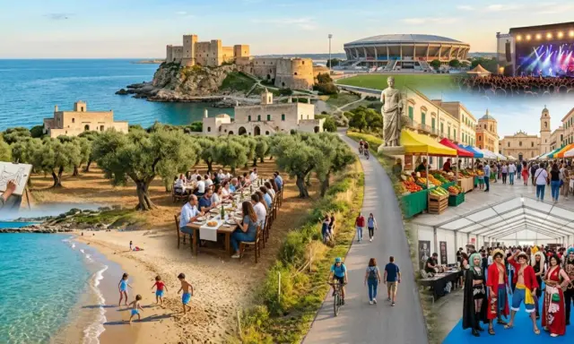Un artista dipinge un castello sul mare, famiglie cenano all'aperto, bambini giocano in spiaggia, ciclisti passeggiano, mercati colorati e un festival di cosplay. Scopri che feste ci sono ad aprile!